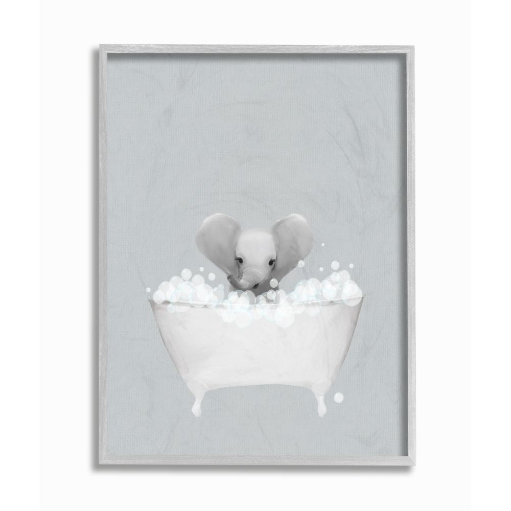 Stupell Industries Elephant Blue Bath Cute Animal Design Graphic Art Gray Framed Art Print Wall Art, 11x14, by Leah Straatsma