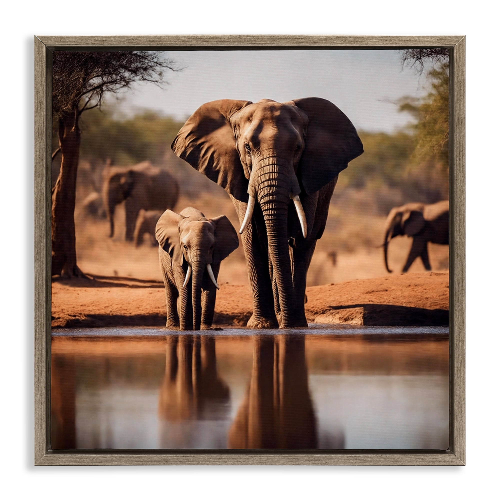 Stupell Industries Elephant & Calf at Waterhole Animals Photography Brown Floater Framed Canvas Art Print Wall Art, 18 x 18