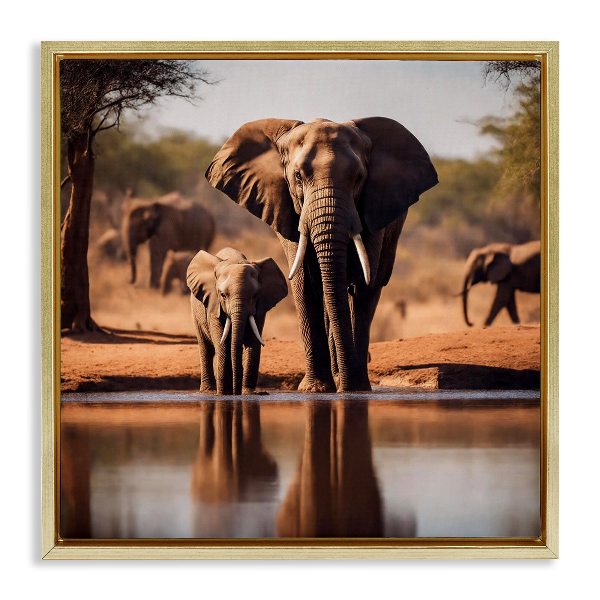 Stupell Industries Elephant & Calf at Waterhole Animals Photography Gold Floater Framed Canvas Art Print Wall Art, 18 x 18