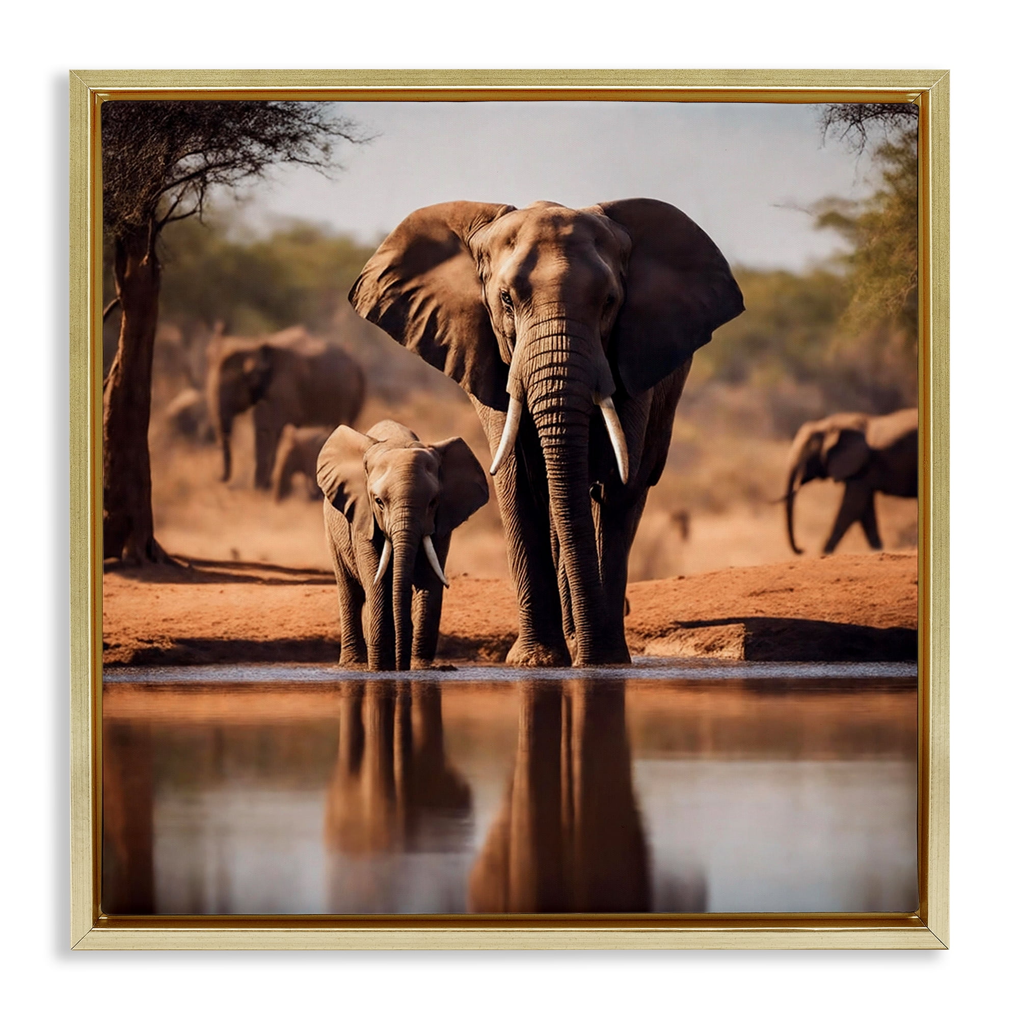 Stupell Industries Elephant & Calf at Waterhole Animals Photography Gold Floater Framed Canvas Art Print Wall Art, 25 x 25