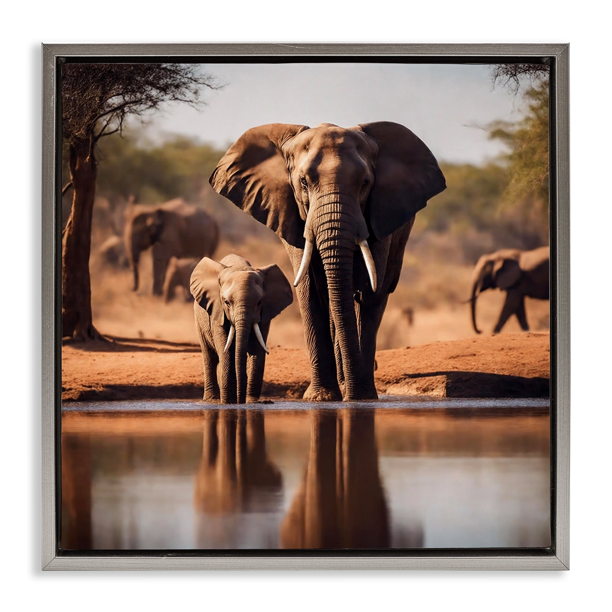 Stupell Industries Elephant & Calf at Waterhole Animals Photography Gray Floater Framed Canvas Art Print Wall Art, 18 x 18