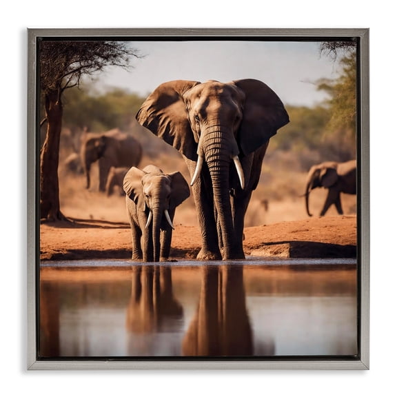 Stupell Industries Elephant & Calf at Waterhole Animals Photography Gray Floater Framed Canvas Art Print Wall Art, 18 x 18