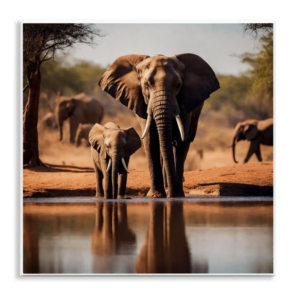 Stupell Industries Elephant & Calf at Waterhole Animals Photography Unframed Art Print Wall Art, 12 x 12