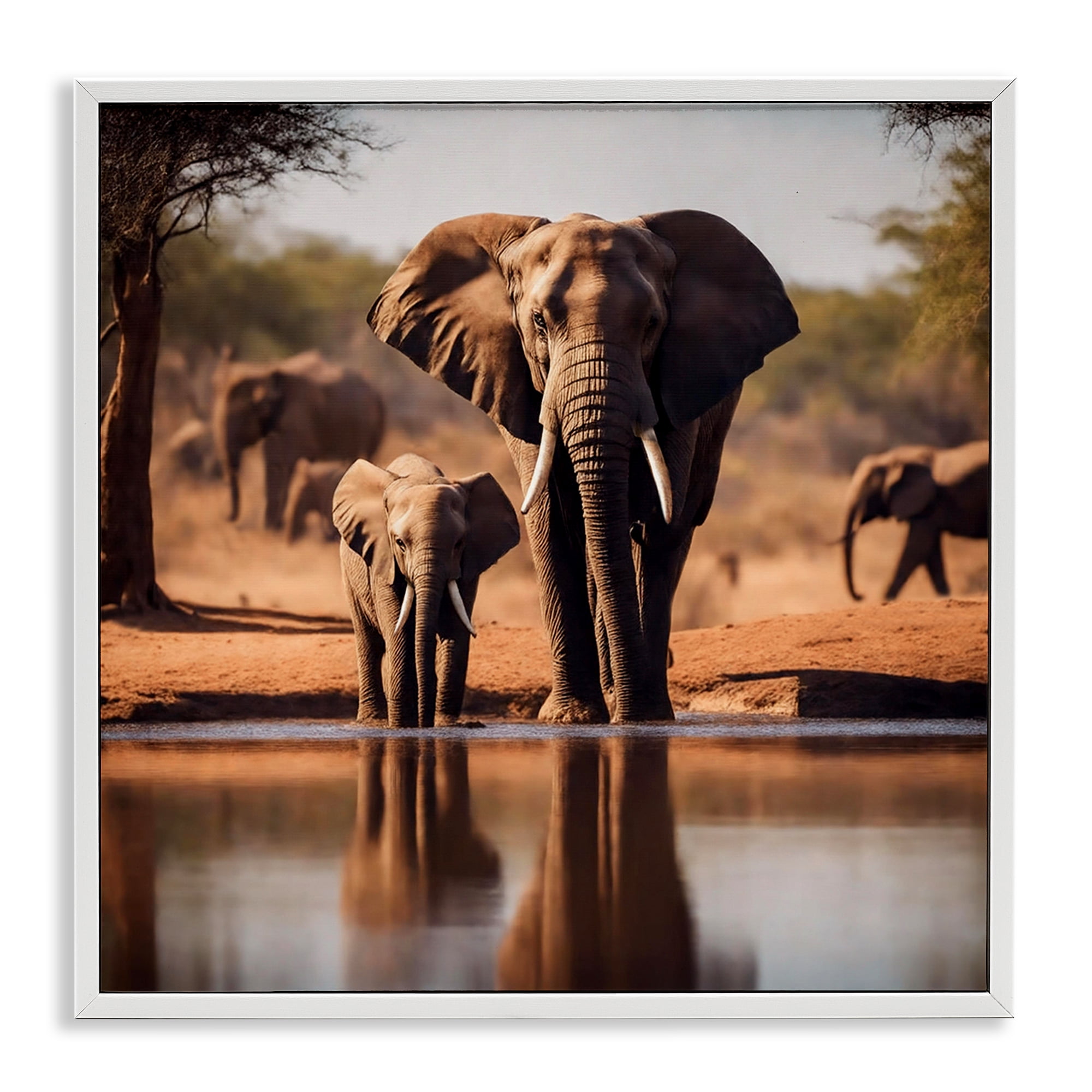 Stupell Industries Elephant & Calf at Waterhole Animals Photography White Framed Art Print Wall Art, 12 x 12