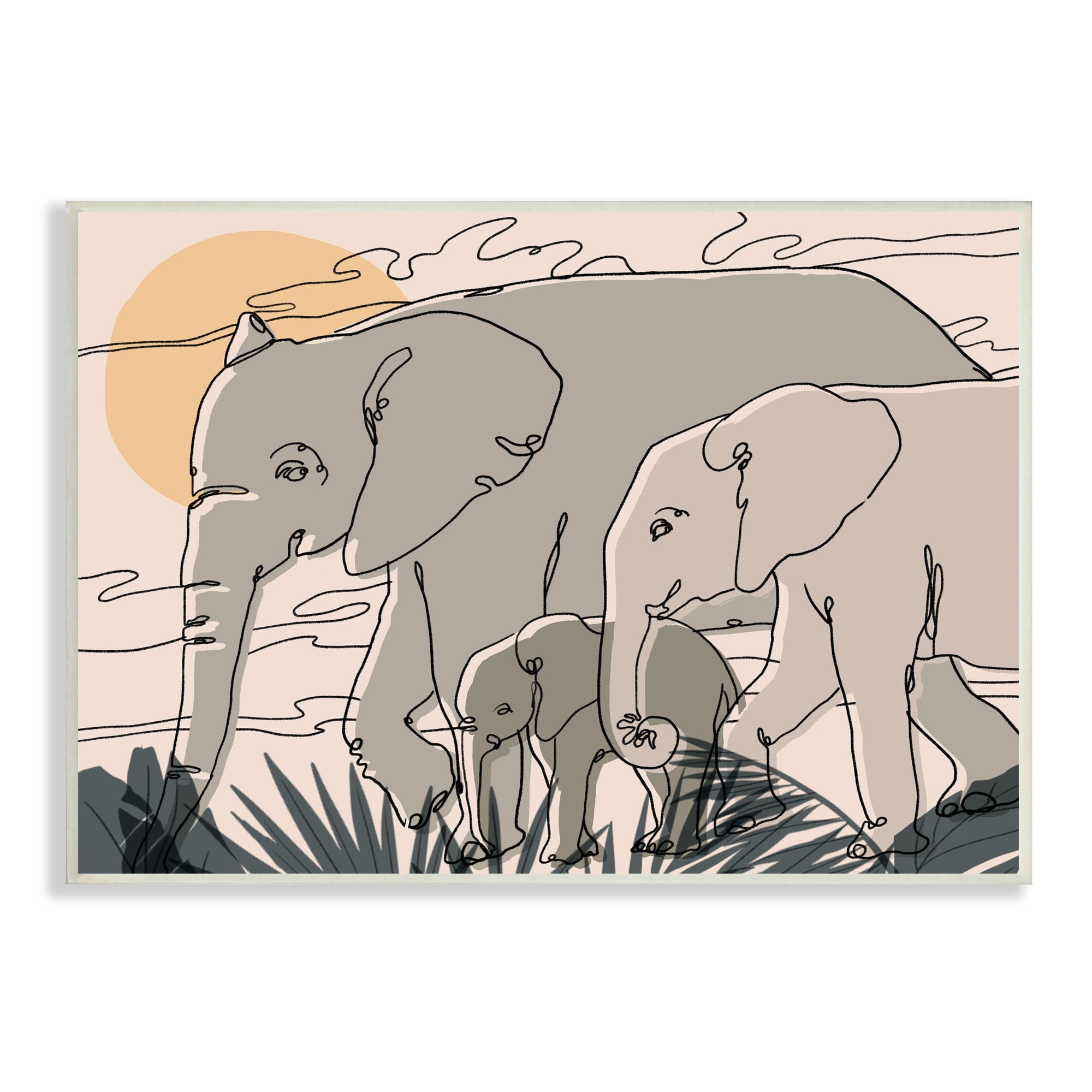 Stupell Industries Elephant Family March Safari Sun Sky Abstract Linework, 15 x 10, Design by Ziwei Li