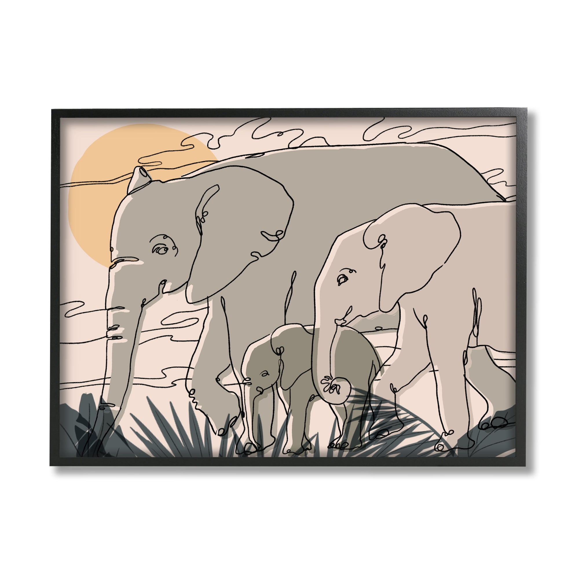 Stupell Industries Elephant Family March Safari Sun Sky Abstract Linework, 30 x 24, Design by Ziwei Li