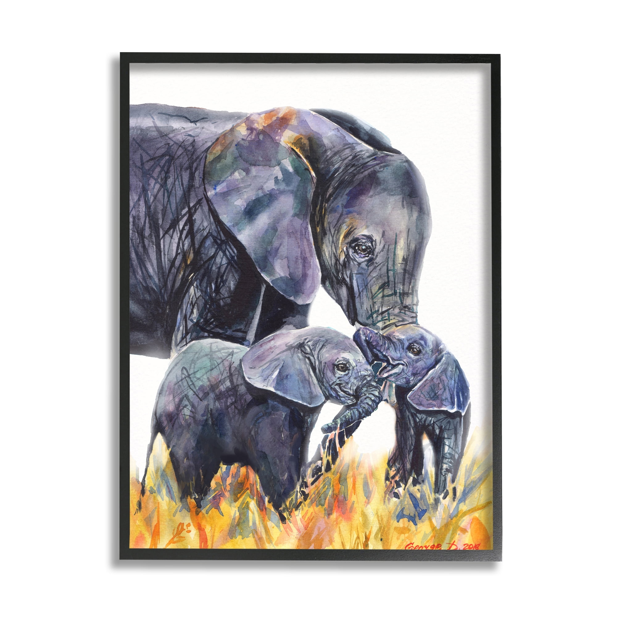 Stupell Industries Elephant Family in Tall Yellow Grass Safari Animals Black Framed, 24 x 30, Design by George Dyachenko