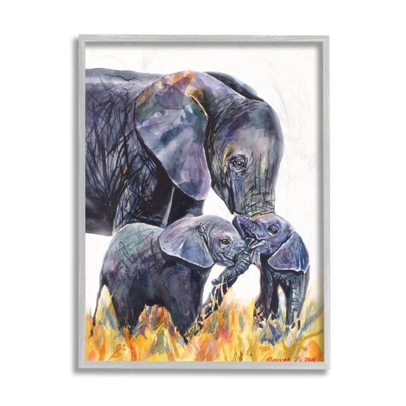Stupell Industries Elephant Family in Tall Yellow Grass Safari Animals Grey Framed, 11 x 14, Design by George Dyachenko