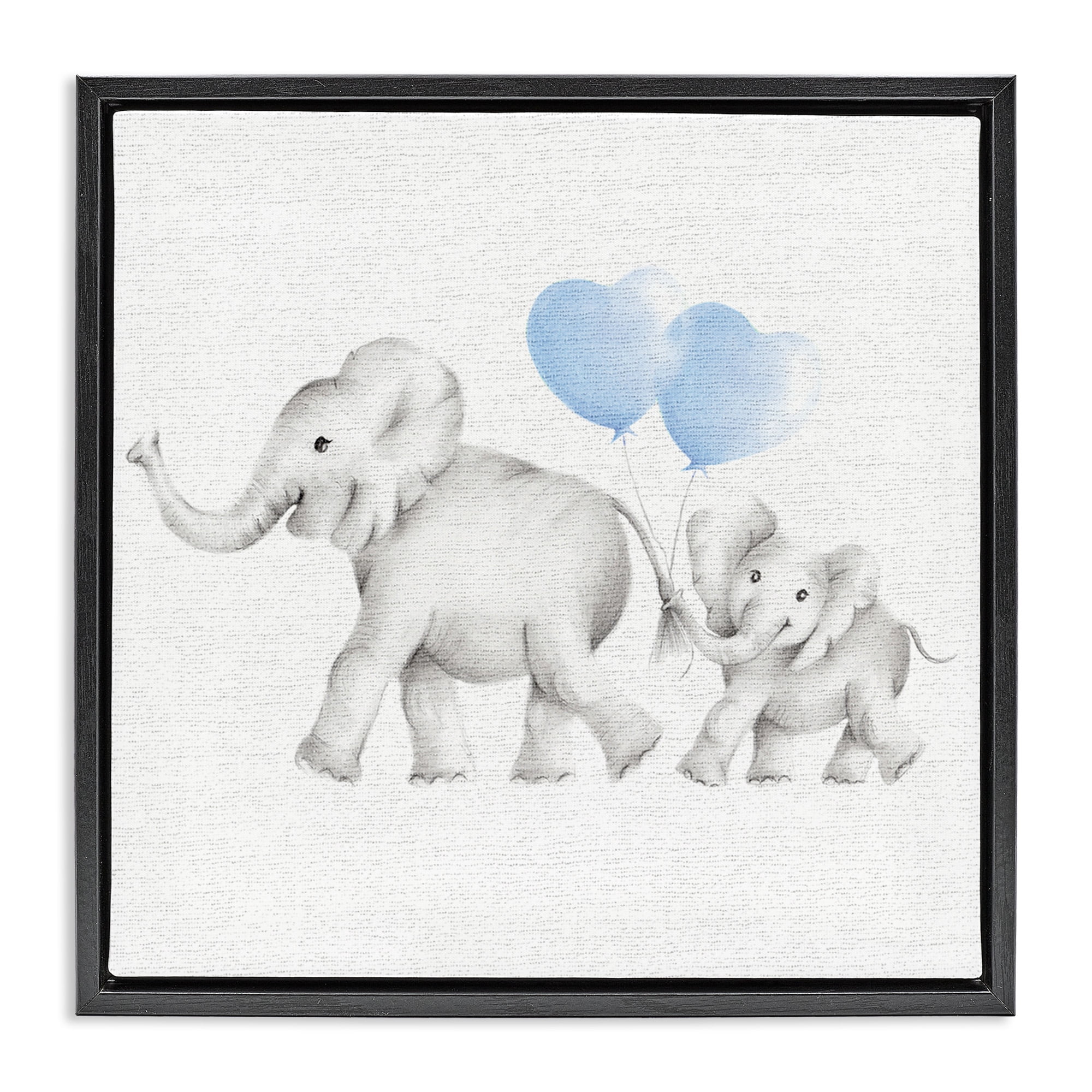 Stupell Industries Elephant Family with Blue Balloons Art for Kids Painting Black Floater Framed Canvas Art Print Wall Art, 18 x 18