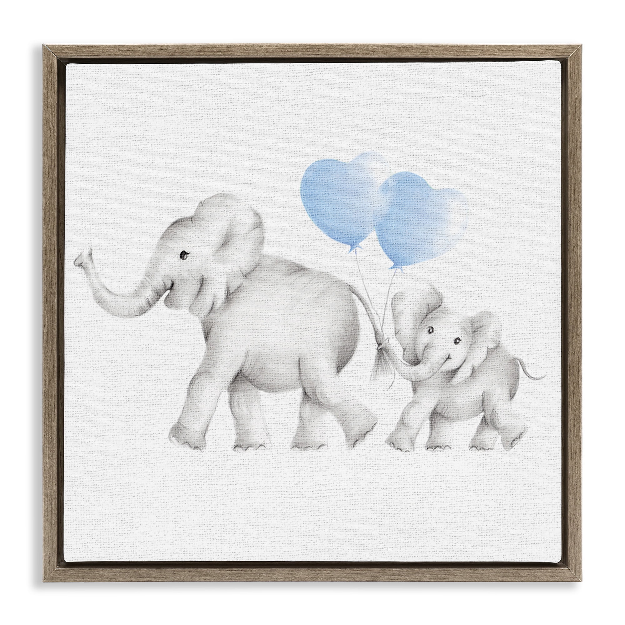 Stupell Industries Elephant Family with Blue Balloons Art for Kids Painting Brown Floater Framed Canvas Art Print Wall Art, 18 x 18