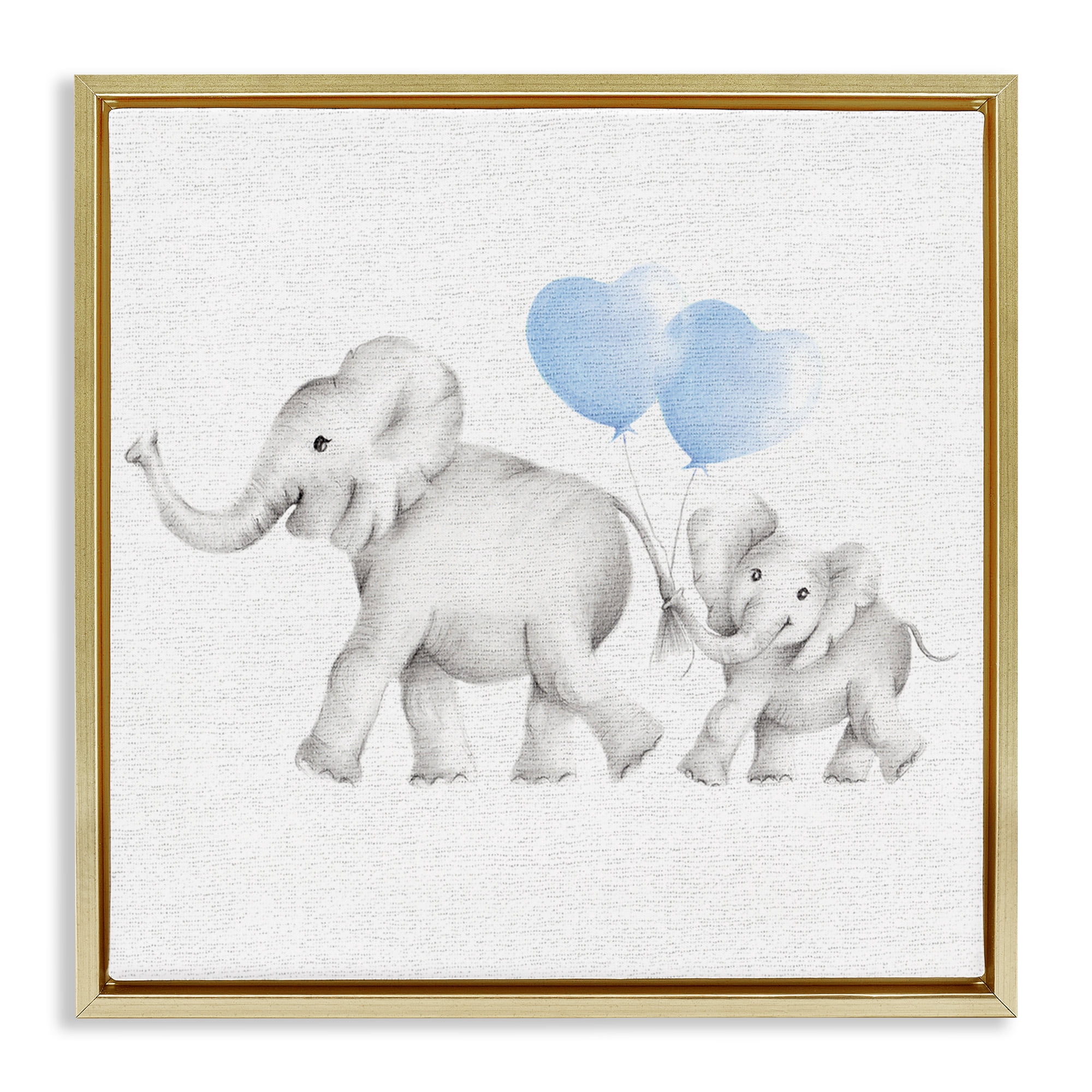 Stupell Industries Elephant Family with Blue Balloons Art for Kids Painting Gold Floater Framed Canvas Art Print Wall Art, 18 x 18