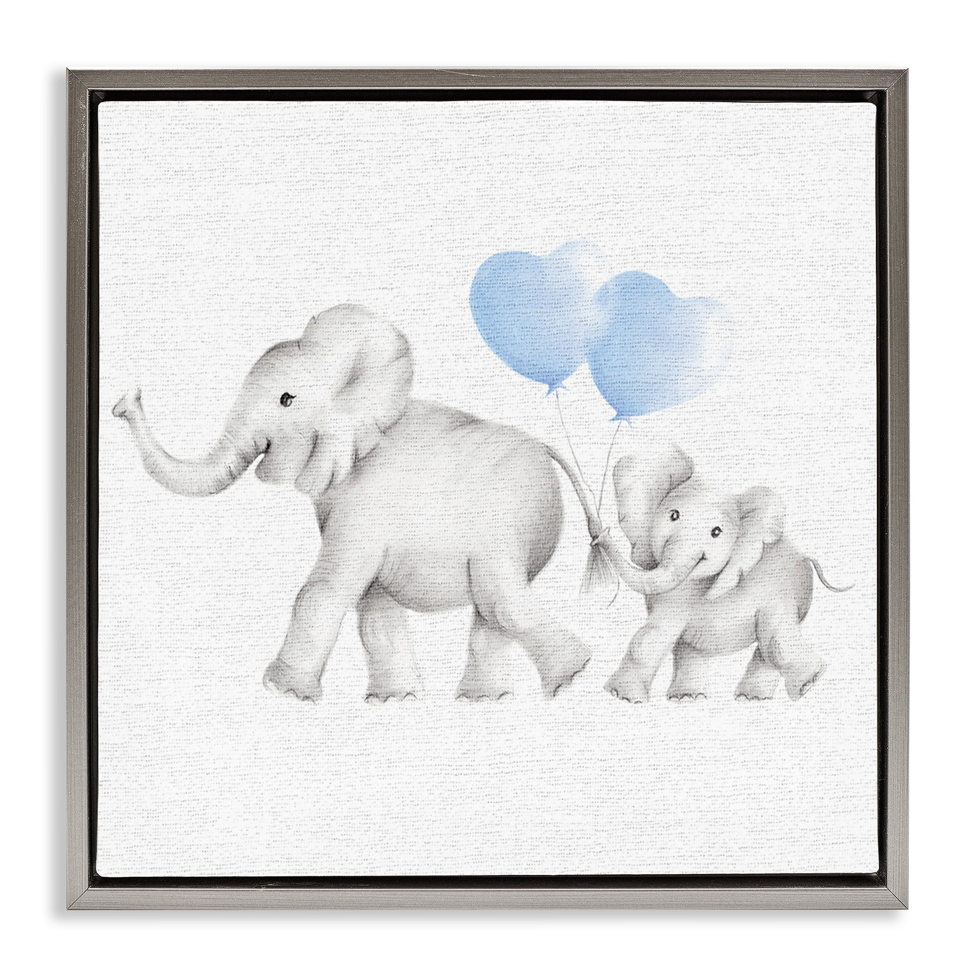 Stupell Industries Elephant Family with Blue Balloons Art for Kids Painting Gray Floater Framed Canvas Art Print Wall Art, 25 x 25