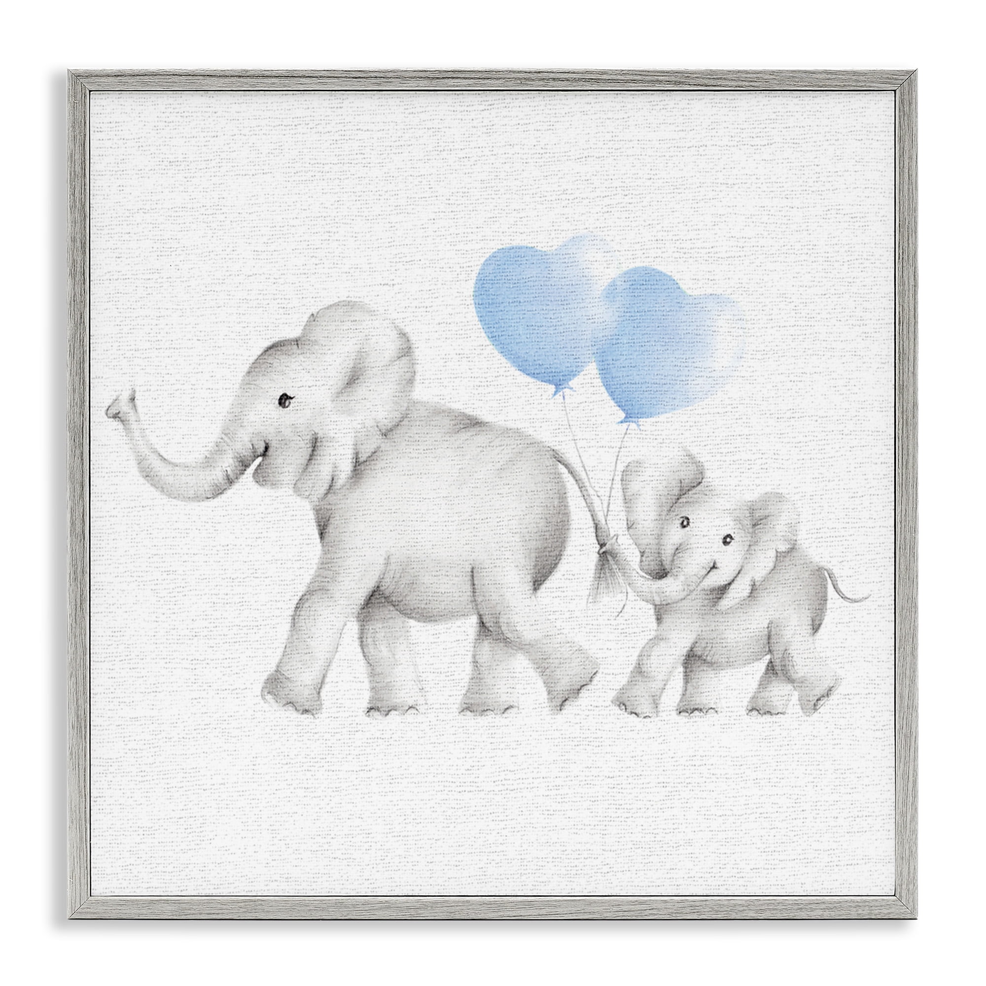 Stupell Industries Elephant Family with Blue Balloons Art for Kids Painting Gray Framed Art Print Wall Art, 17 x 17