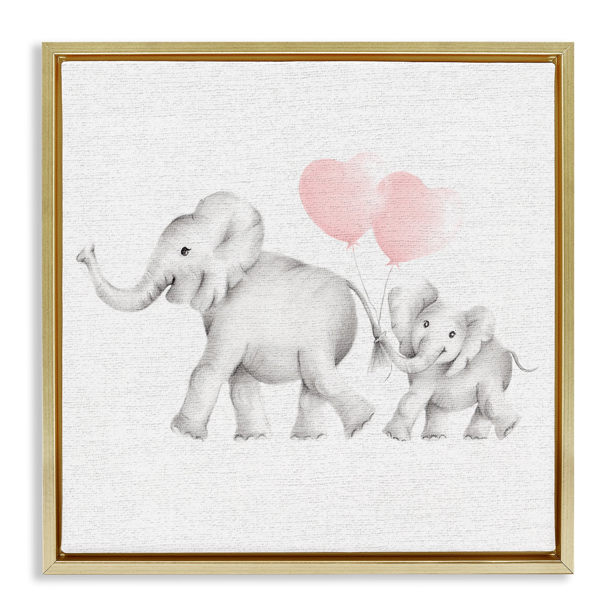 Stupell Industries Elephant Family with Pink Balloons Art for Kids Painting Gold Floater Framed Canvas Art Print Wall Art, 18 x 18