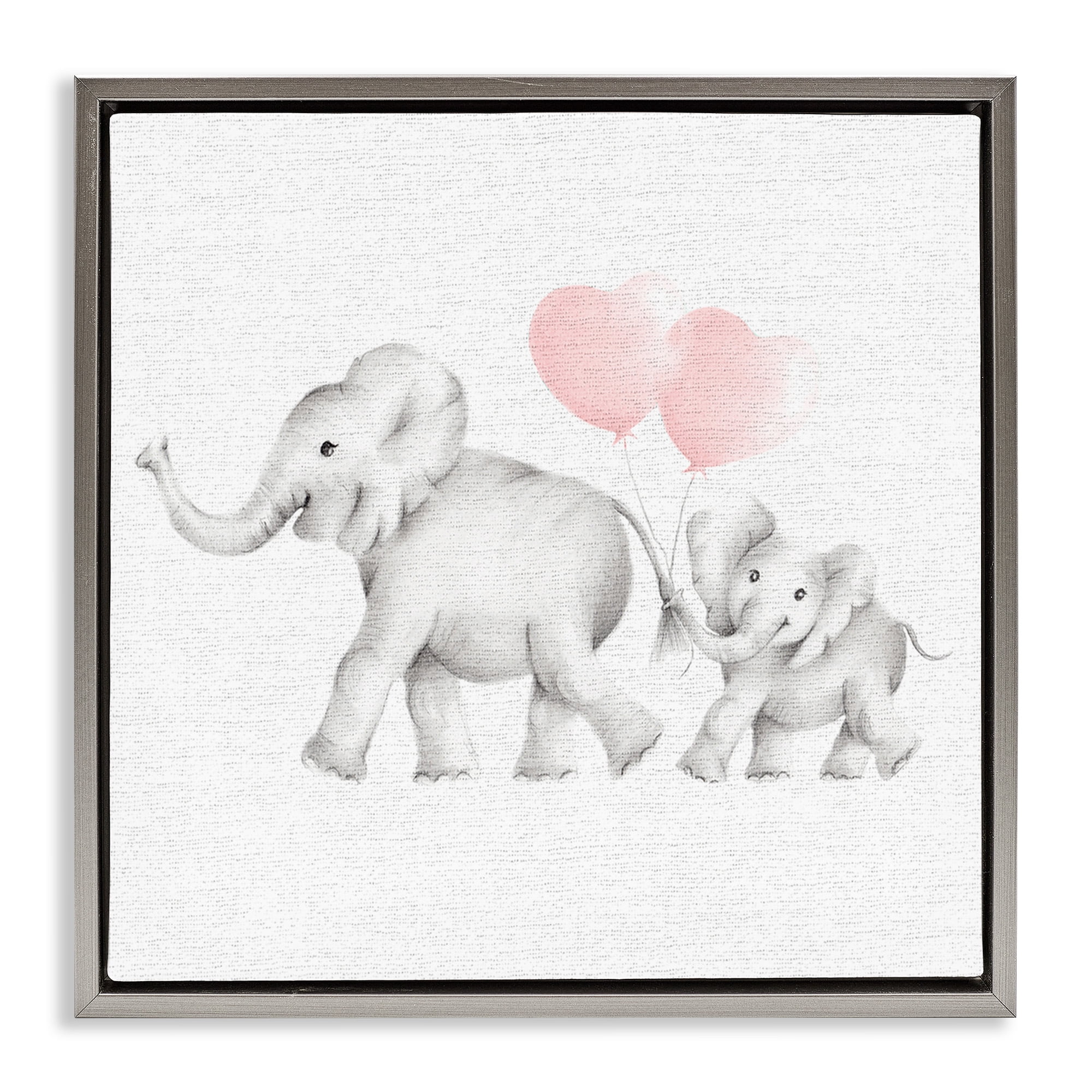 Stupell Industries Elephant Family with Pink Balloons Art for Kids Painting Gray Floater Framed Canvas Art Print Wall Art, 18 x 18