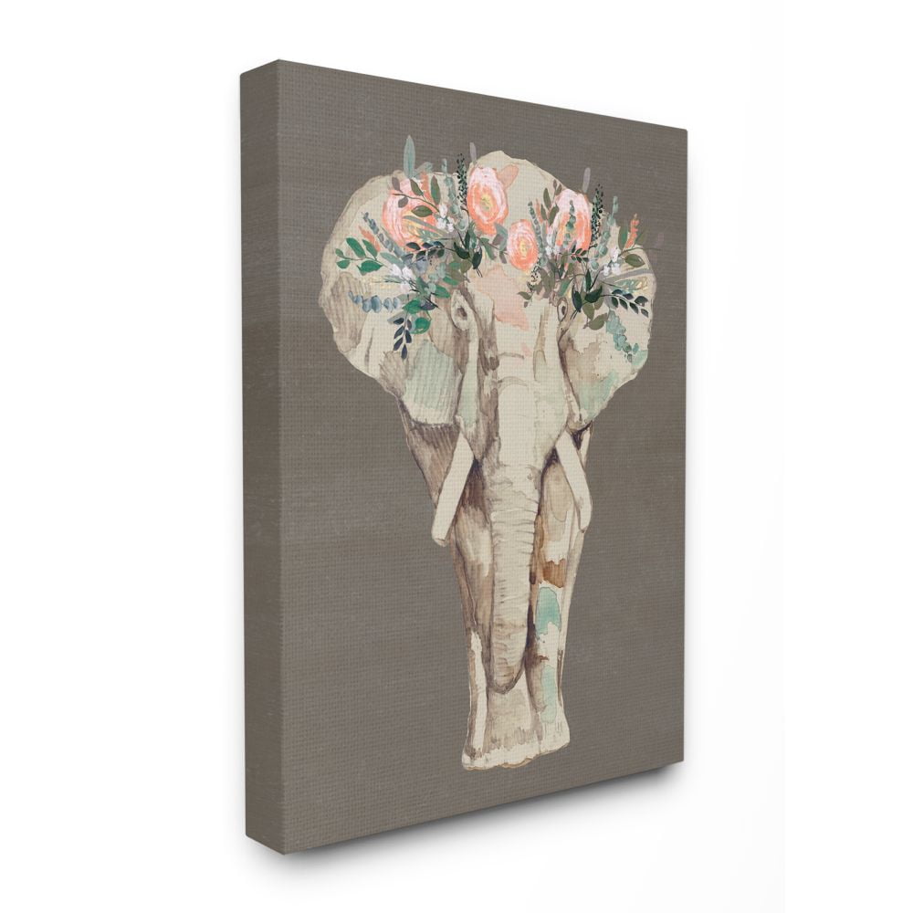 Stupell Industries Elephant Floral Crown Pink Green Elegant Flower Print Canvas Wall Art Design by Jennifer Goldberger, 36" x 48"