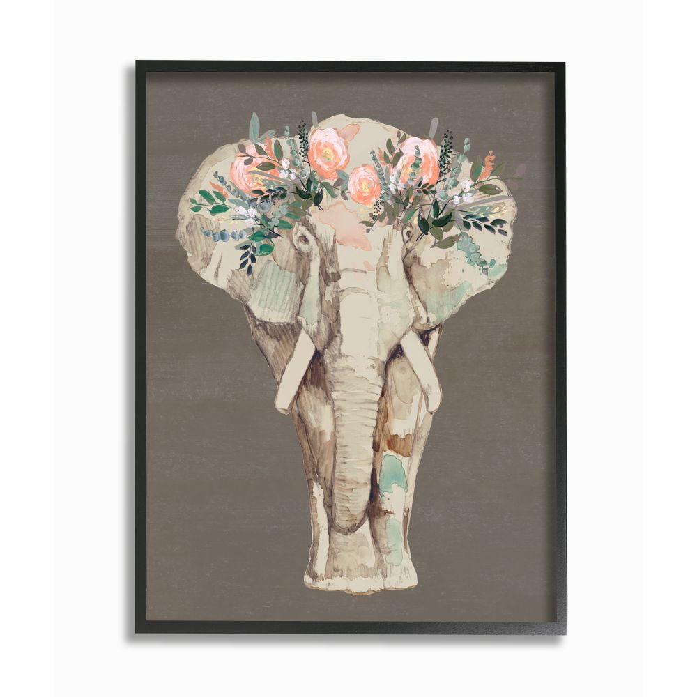 Stupell Industries Elephant Floral Crown Pink Green Elegant Flower Print Framed Wall Art Design by Jennifer Goldberger, 24" x 30", Black Framed