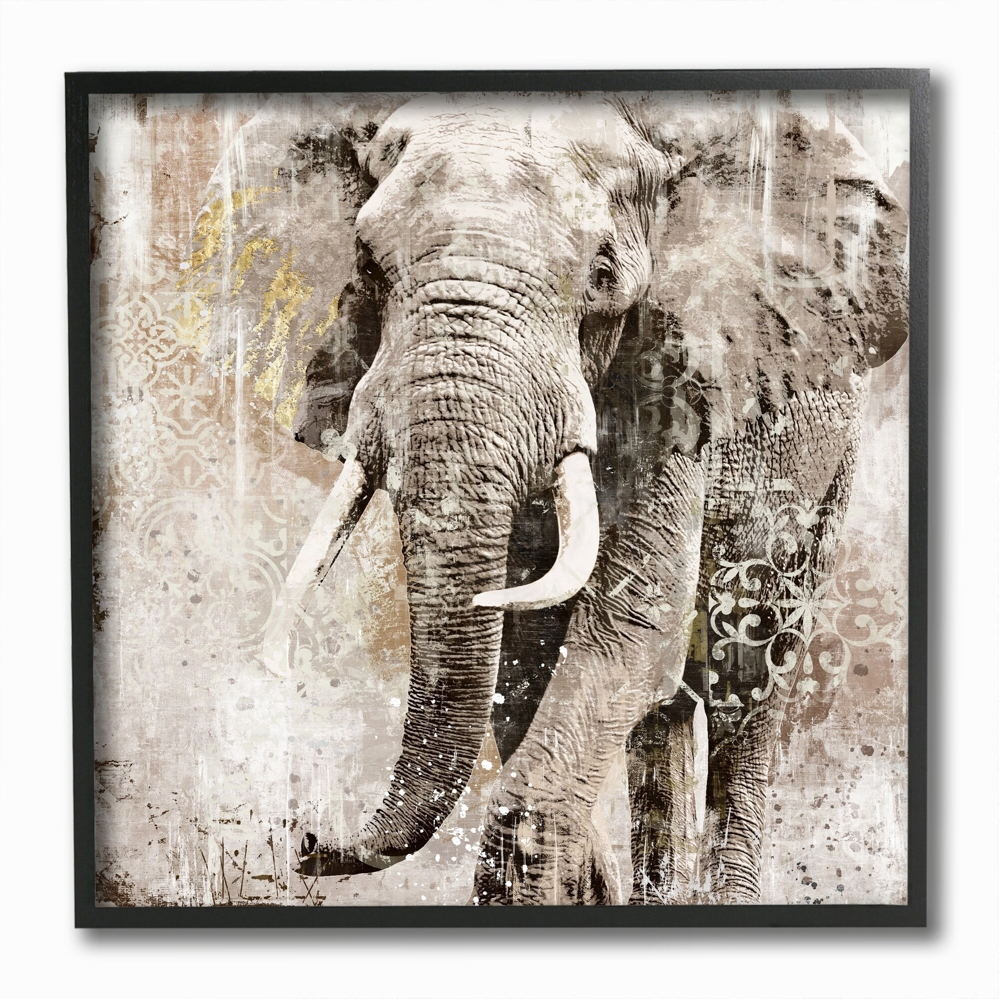 Stupell Industries Elephant Gold Neutral Animal Textured Photograph Paintings Black Framed Art Print Wall Art, 12x12, by Main Line Studio