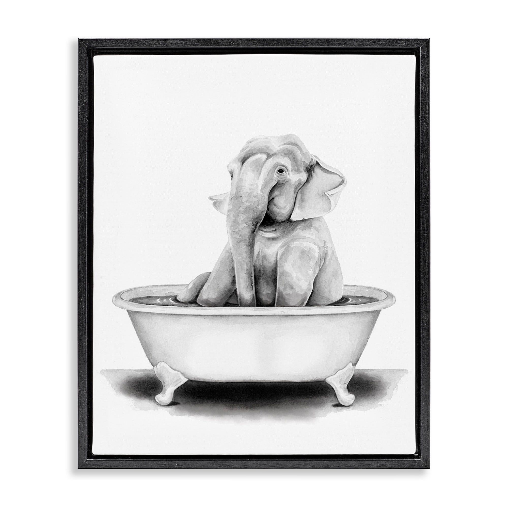 Stupell Industries Elephant In A Tub Funny Animal Bathroom Drawing Jet Black Framed Floating Canvas Wall Art, 24x30, by Rachel Neiman