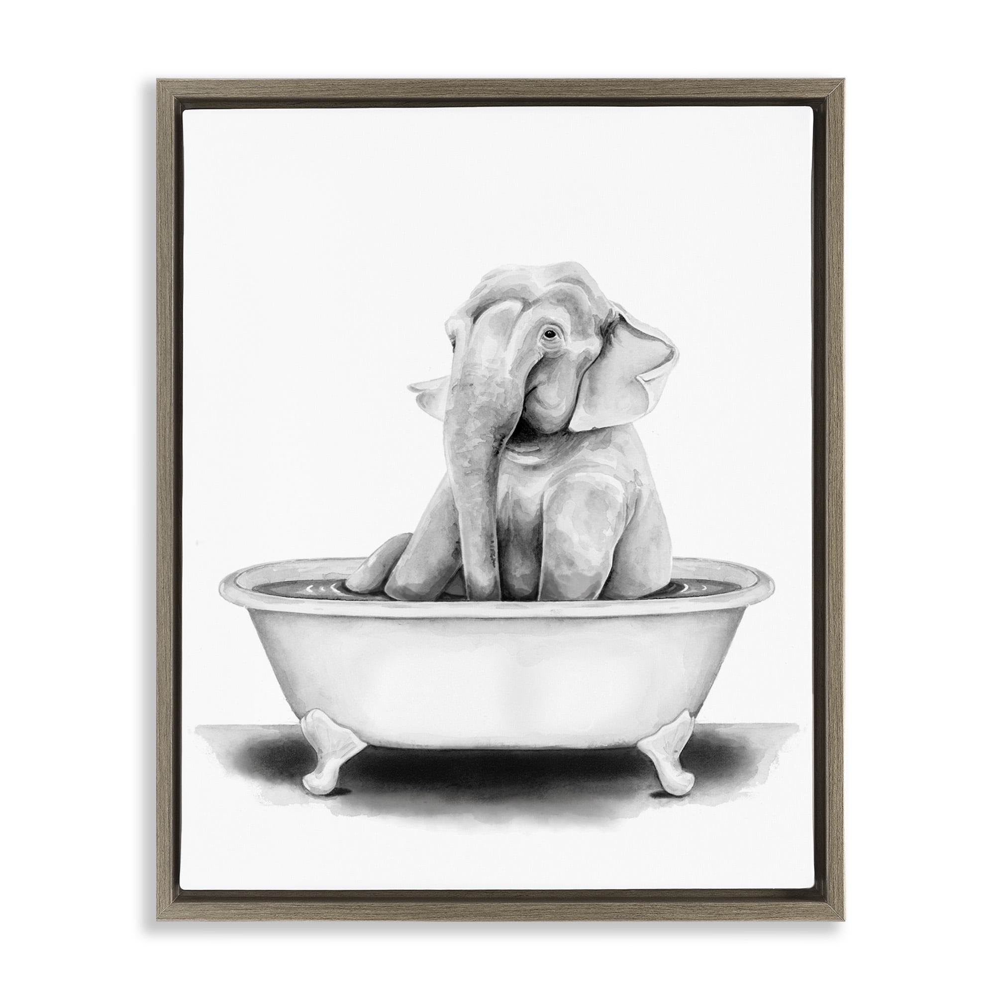 Stupell Industries Elephant In Tub Funny Animal Bathroom Animals & Insects Painting Brown Floater Framed Canvas Art Print Wall Art, 17 x 21