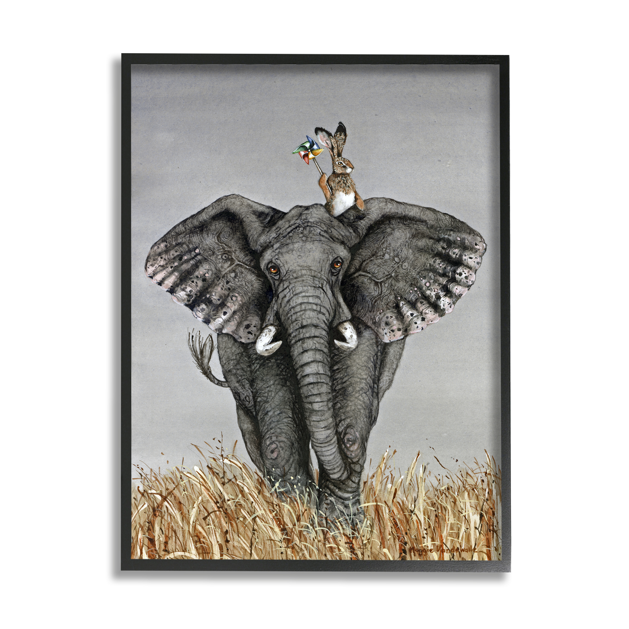 Stupell Industries Elephant & Rabbit Landscape Animals & Insects Painting Black Framed Art Print Wall Art, 24 x 30