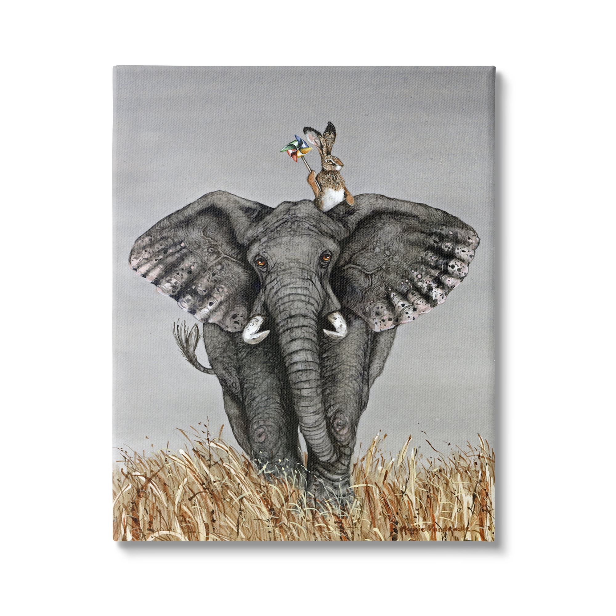 Stupell Industries Elephant & Rabbit Landscape Animals & Insects Painting Gallery Wrapped Canvas Print Wall Art, 24 x 30