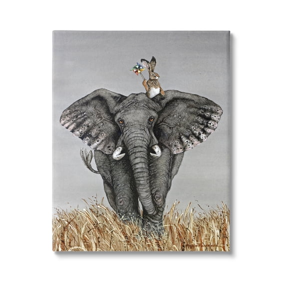 Stupell Industries Elephant & Rabbit Landscape Animals & Insects Painting Gallery Wrapped Canvas Print Wall Art, 30 x 40