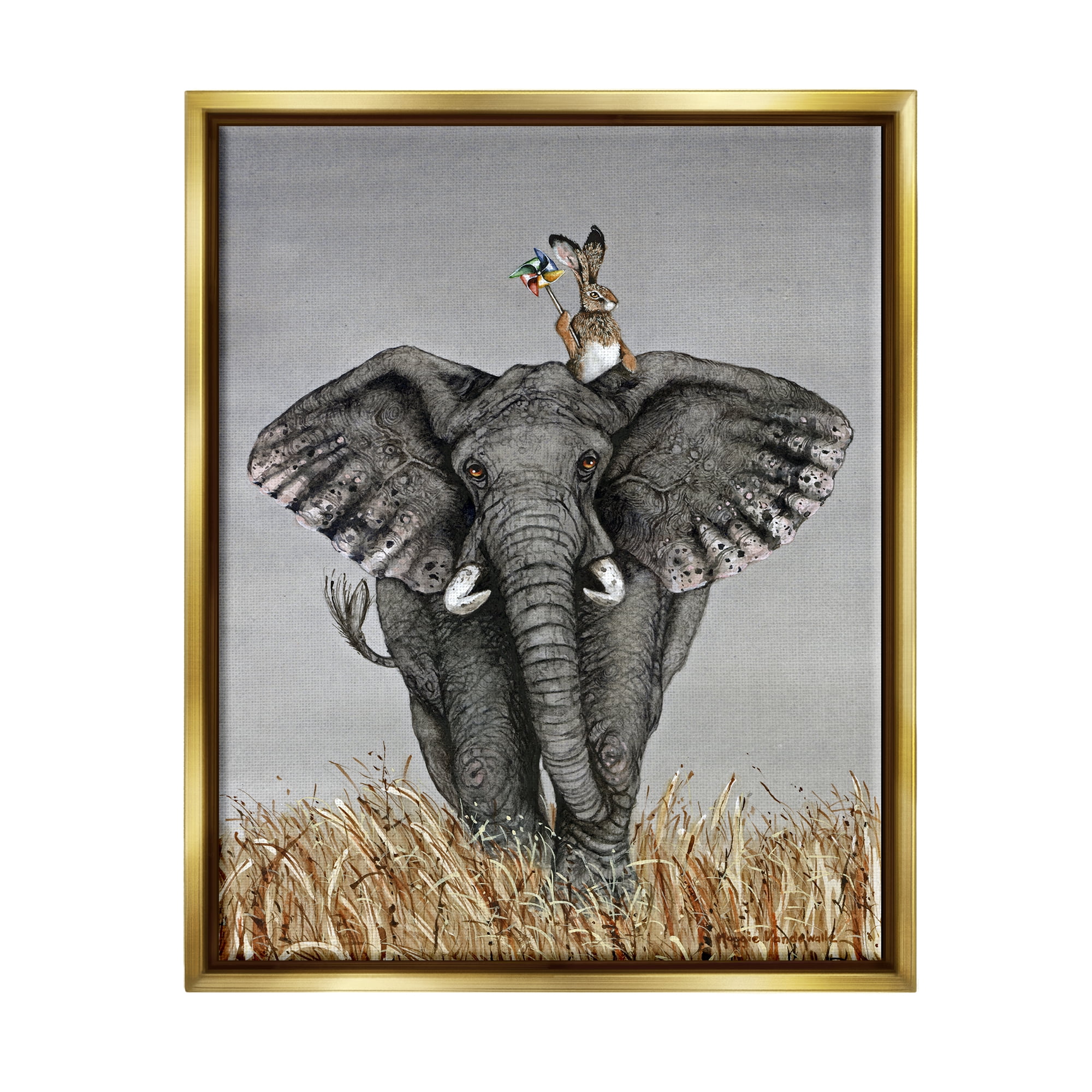Stupell Industries Elephant & Rabbit Landscape Animals & Insects Painting Gold Floater Framed Art Print Wall Art, 25 x 31