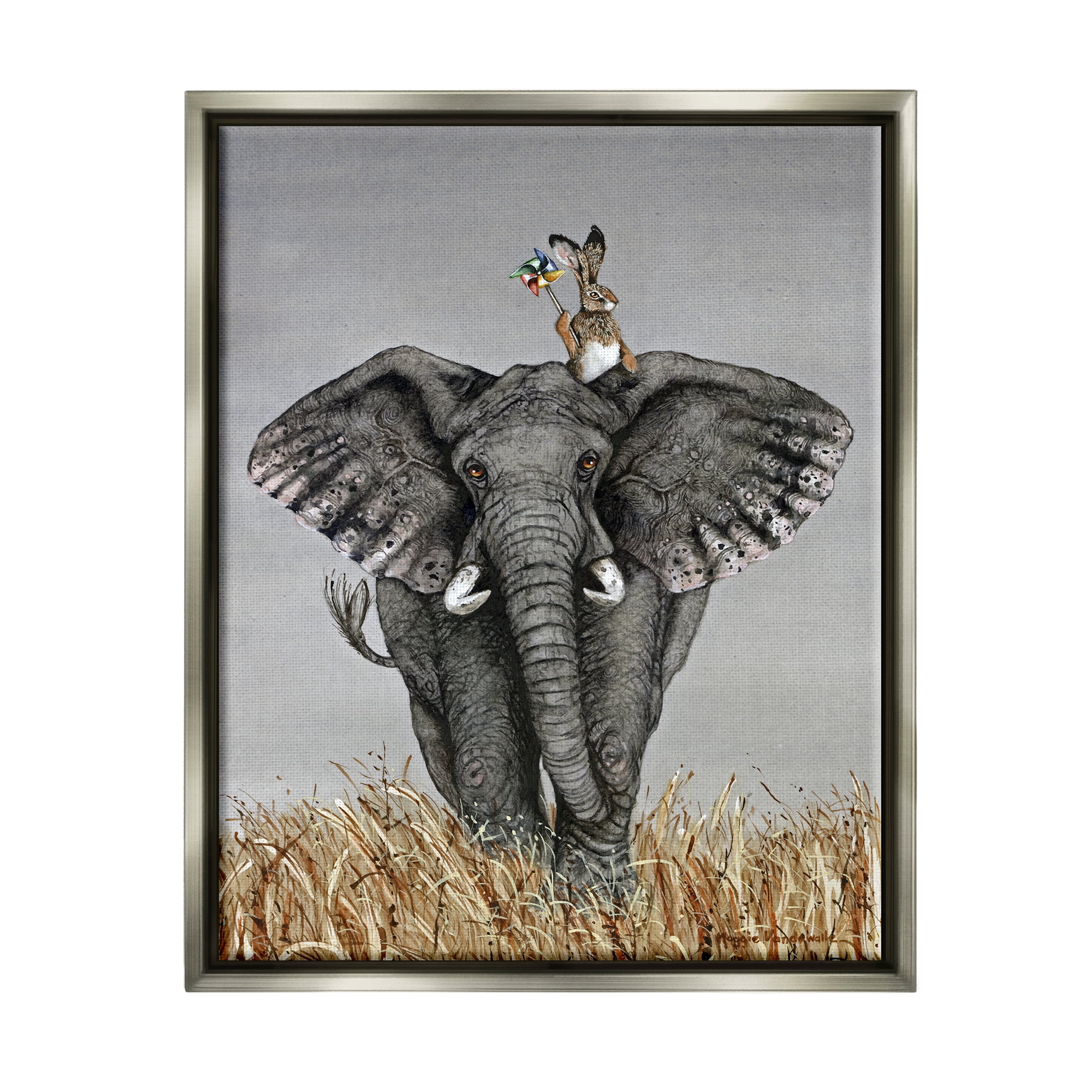Stupell Industries Elephant & Rabbit Landscape Animals & Insects Painting Gray Floater Framed Art Print Wall Art, 25 x 31