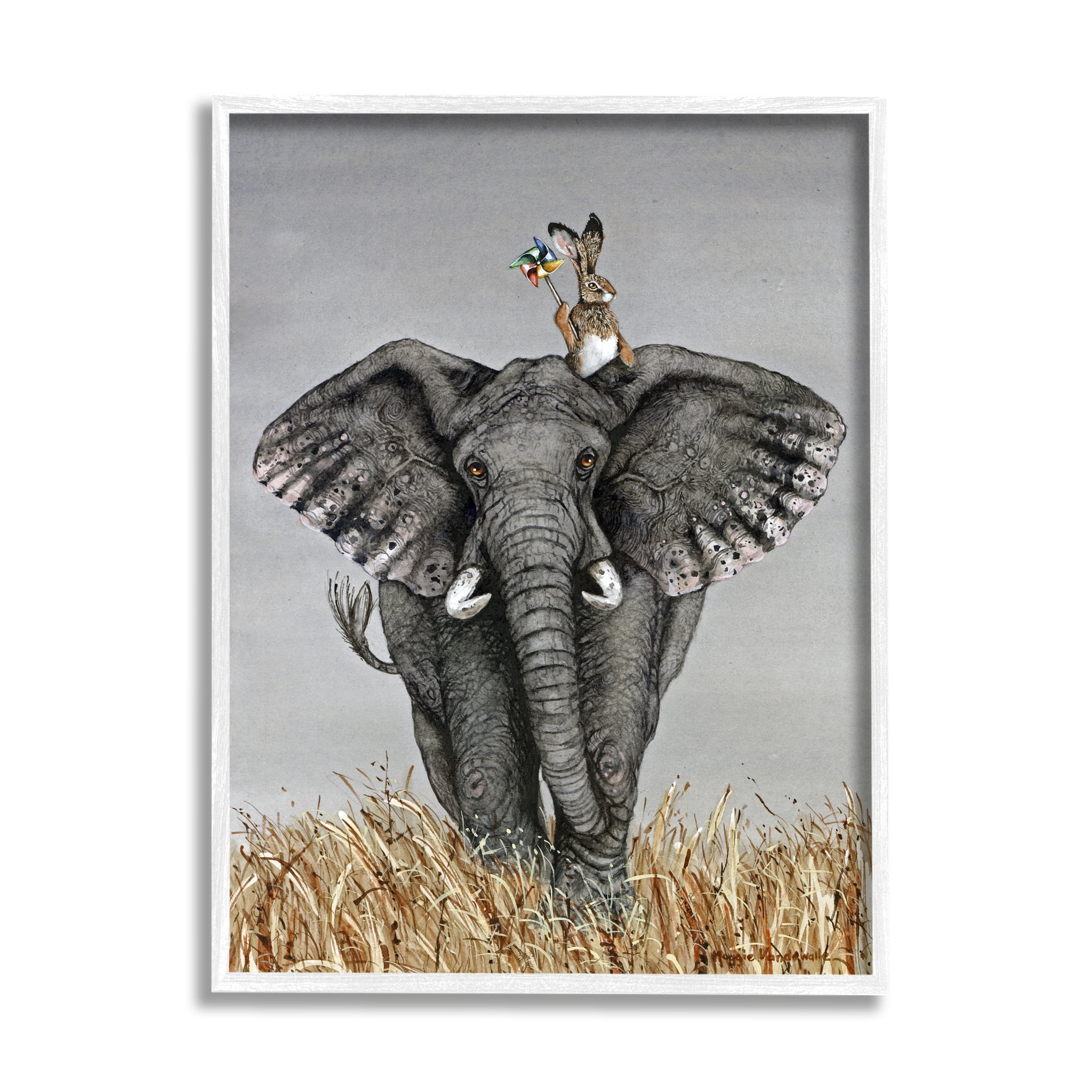 Stupell Industries Elephant & Rabbit Landscape Animals & Insects Painting White Framed Art Print Wall Art, 24 x 30