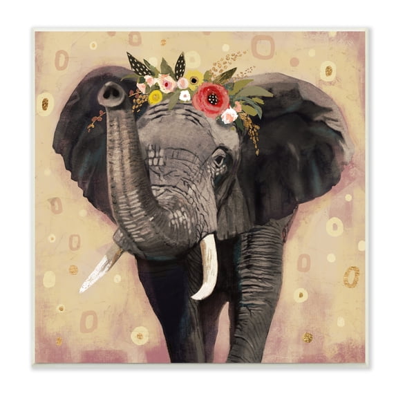 Stupell Industries Elephant Raising Trunk Portrait Floral Crown Abstract Pattern, 12 x 12, Design by Victoria Barnes