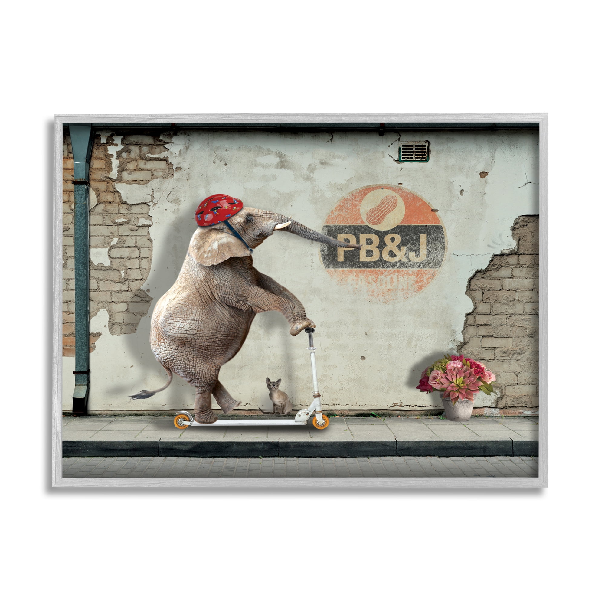 Stupell Industries Elephant Riding Scooter Old Brick City Streets Graphic Art Gray Framed Art Print Wall Art, Design by Nobleworks