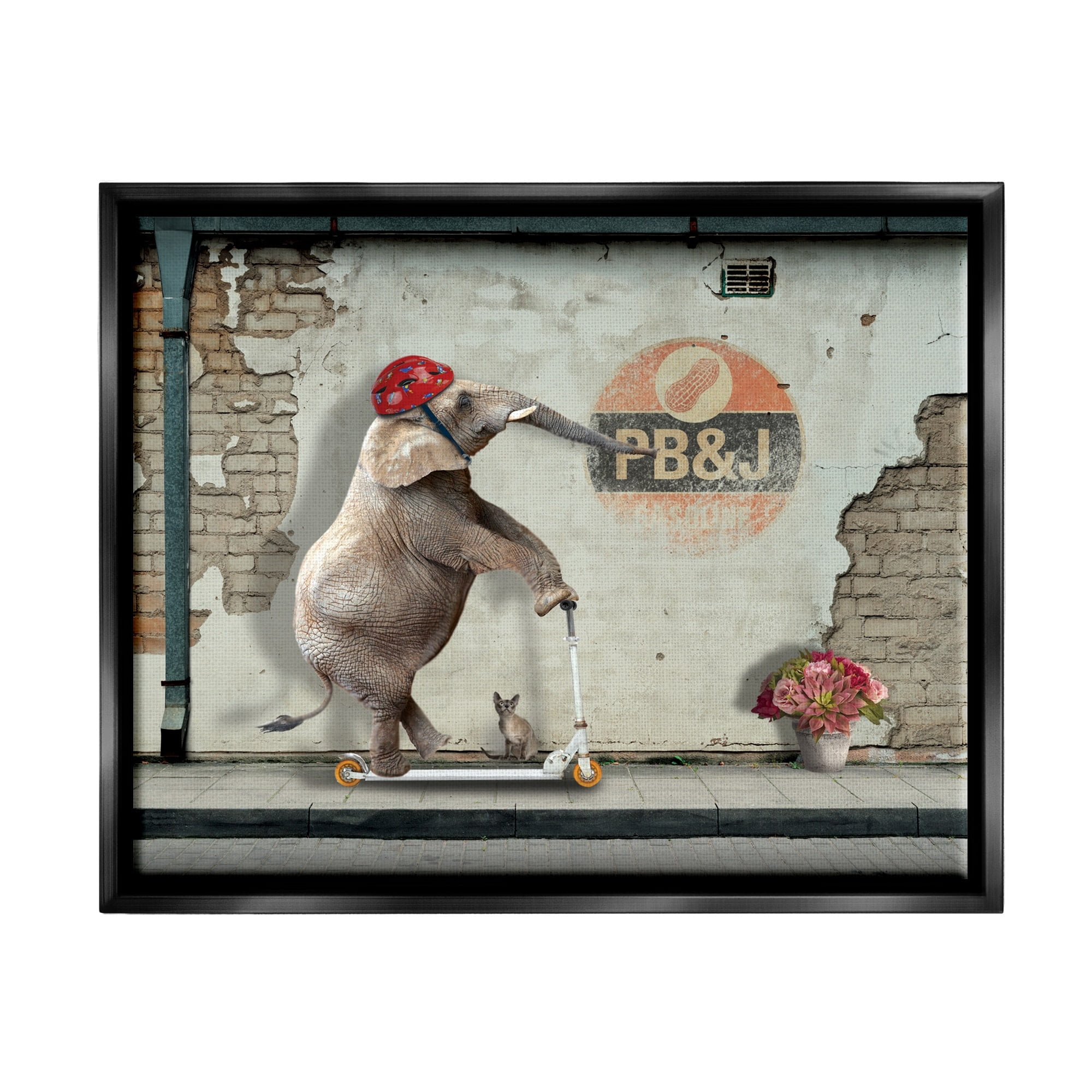 Stupell Industries Elephant Riding Scooter Old Brick City Streets Graphic Art Jet Black Floating Framed Canvas Print Wall Art, Design by Nobleworks
