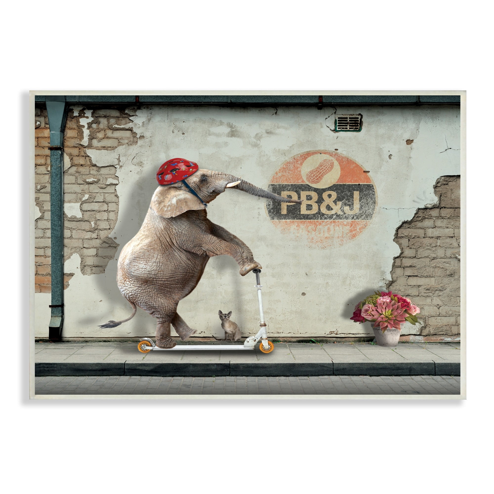 Stupell Industries Elephant Riding Scooter Old Brick City Streets Graphic Art Unframed Art Print Wall Art, Design by Nobleworks