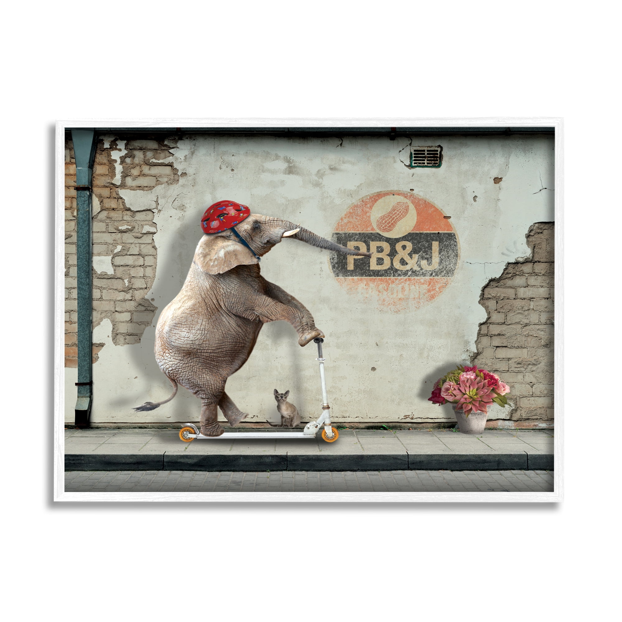 Stupell Industries Elephant Riding Scooter Old Brick City Streets Graphic Art White Framed Art Print Wall Art, Design by Nobleworks