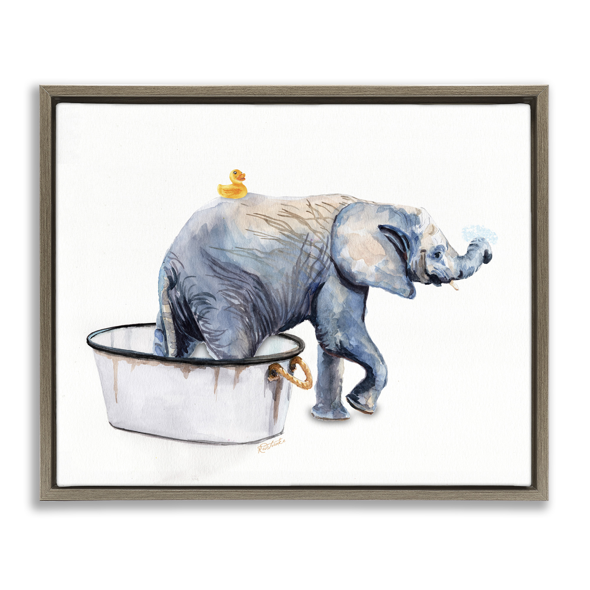 Stupell Industries Elephant & Rubber Duck Bath Animals & Insects Painting Brown Floater Framed Canvas Art Print Wall Art, 31 x 25