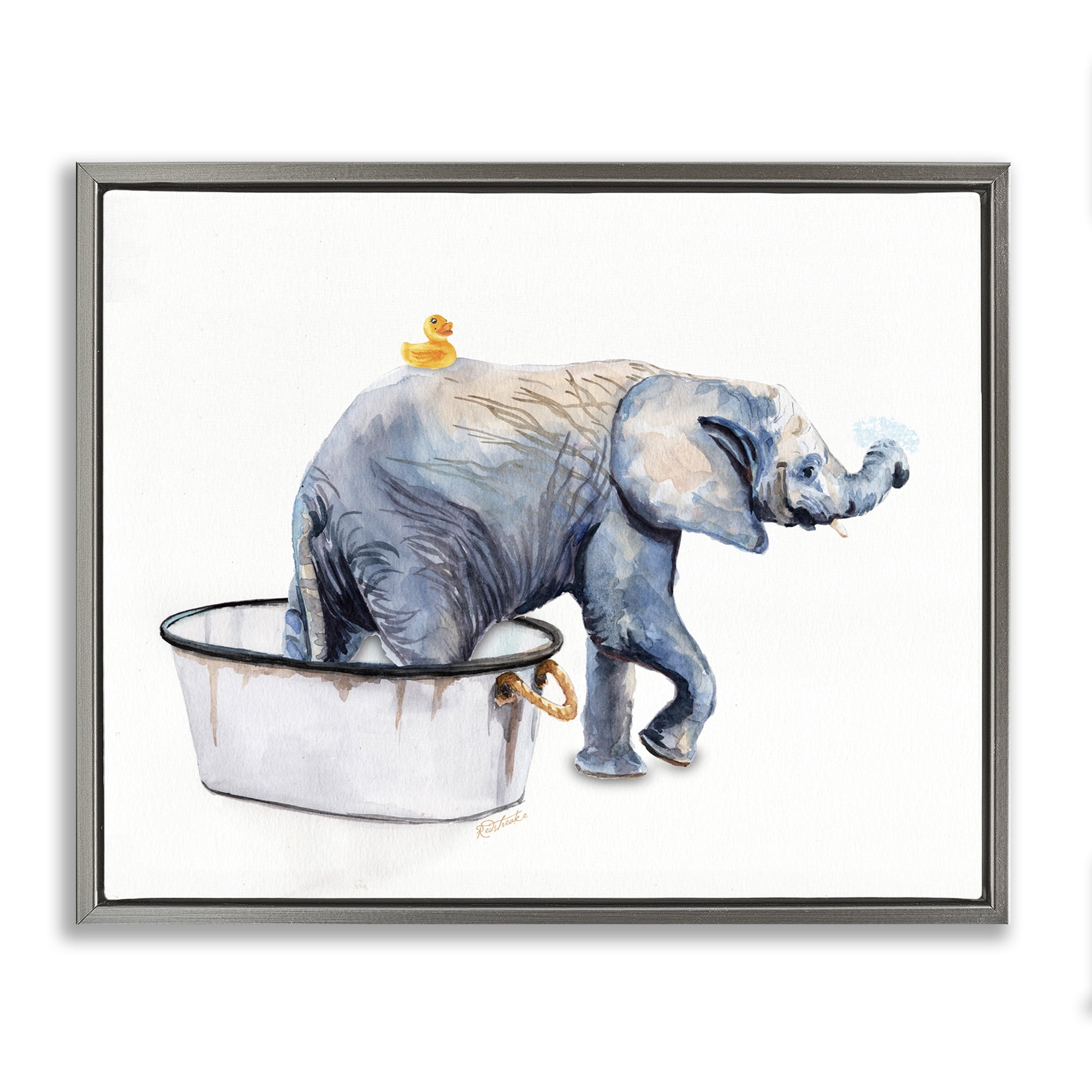 Stupell Industries Elephant & Rubber Duck Bath Animals & Insects Painting Gray Floater Framed Canvas Art Print Wall Art, 21 x 17