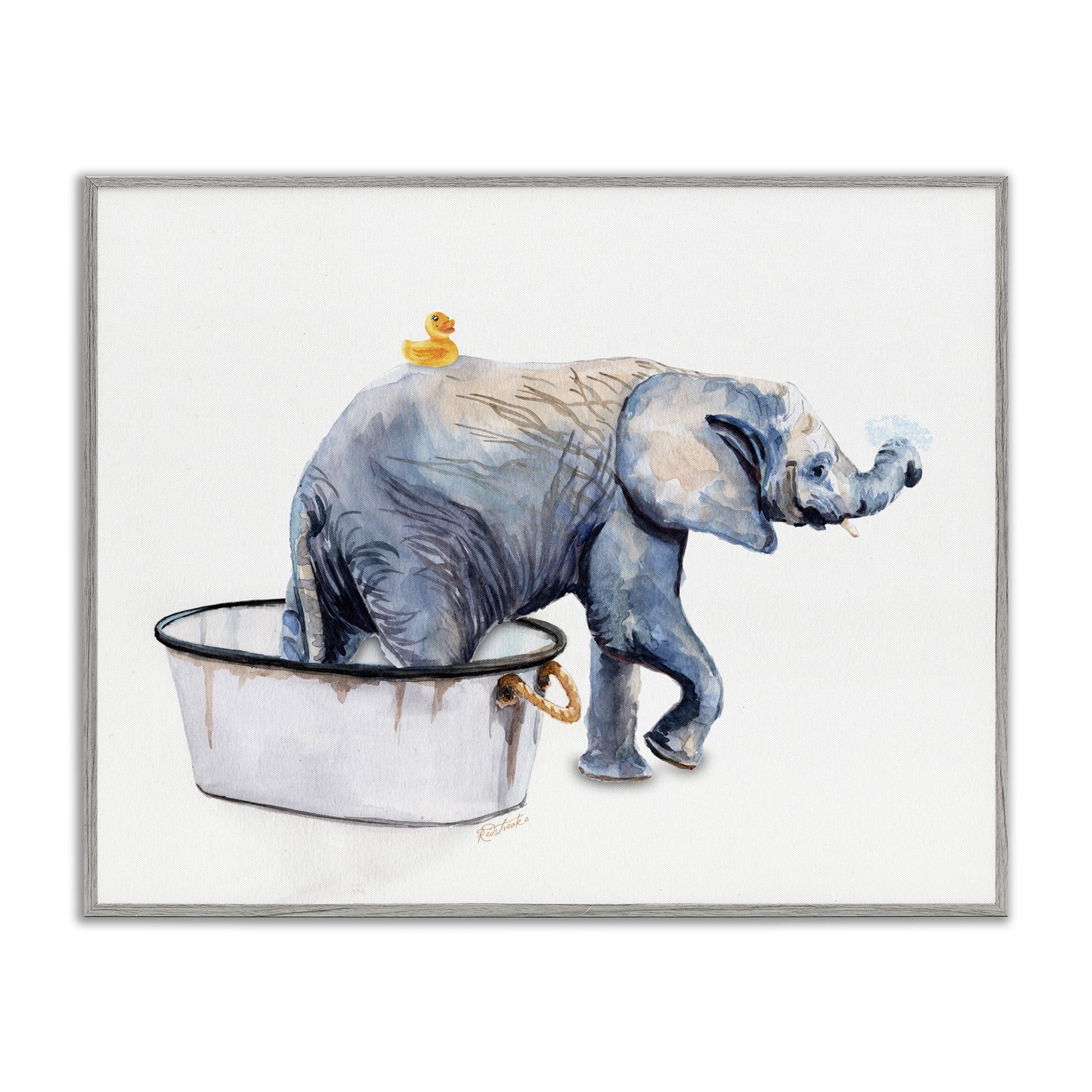 Stupell Industries Elephant & Rubber Duck Bath Animals & Insects Painting Gray Framed Art Print Wall Art, 30 x 24