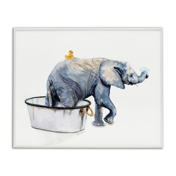 Stupell Industries Elephant & Rubber Duck Bath Animals & Insects Painting White Framed Art Print Wall Art, 20 x 16