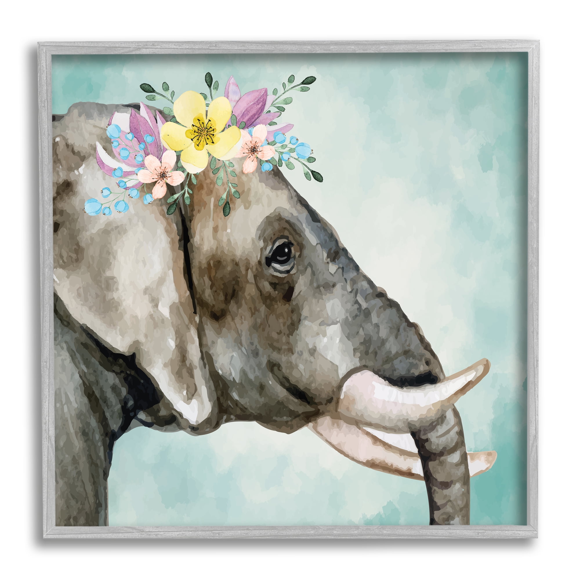 Gray Framed Elephant Canvas Print with Floral Crown, 12 x 12