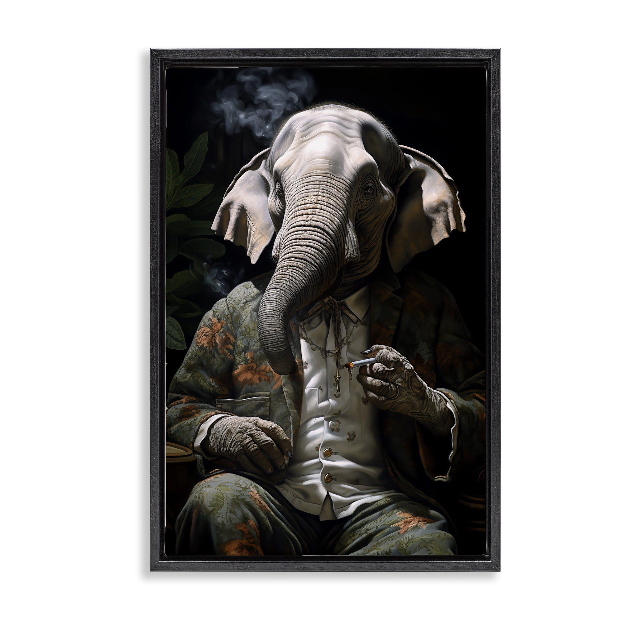 Stupell Industries Elephant Smoking Cigarette Novelty Painting Black Floater Framed Canvas Art Print Wall Art, 21 x 31