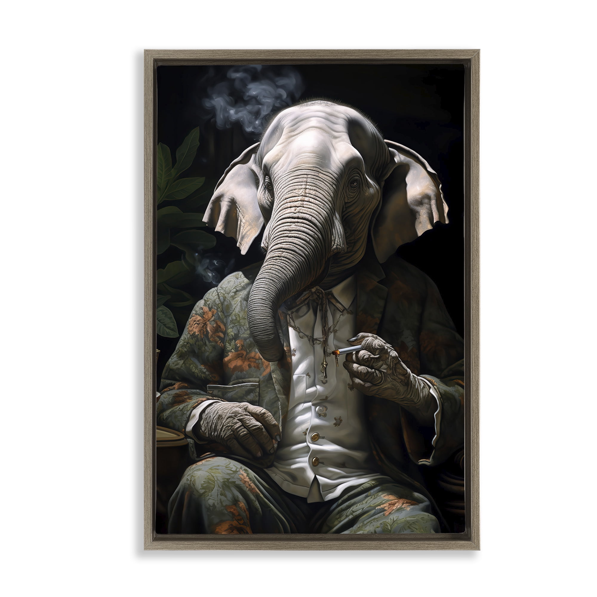 Stupell Industries Elephant Smoking Cigarette Novelty Painting Brown Floater Framed Canvas Art Print Wall Art, 17 x 25