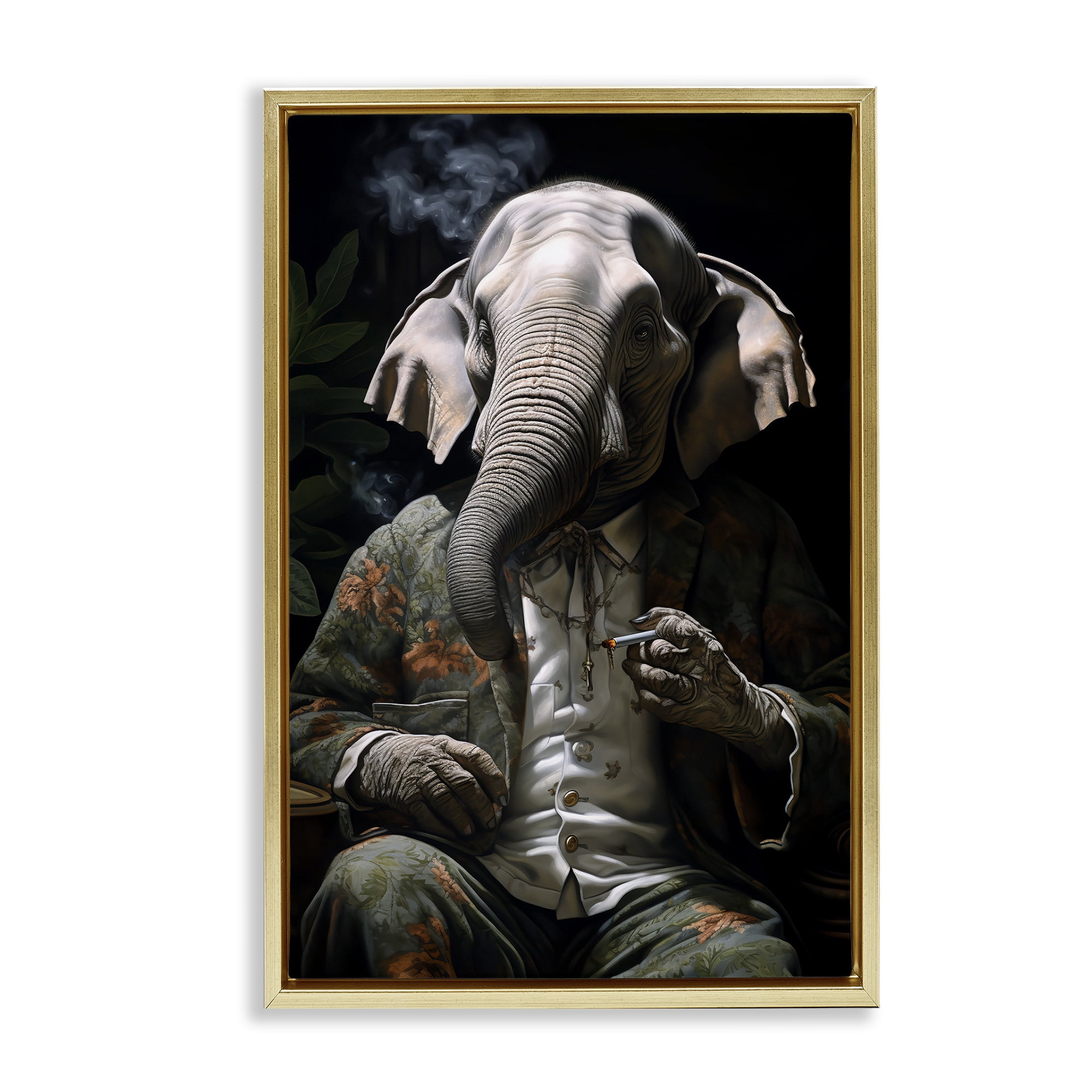 Stupell Industries Elephant Smoking Cigarette Novelty Painting Gold Floater Framed Canvas Art Print Wall Art, 17 x 25