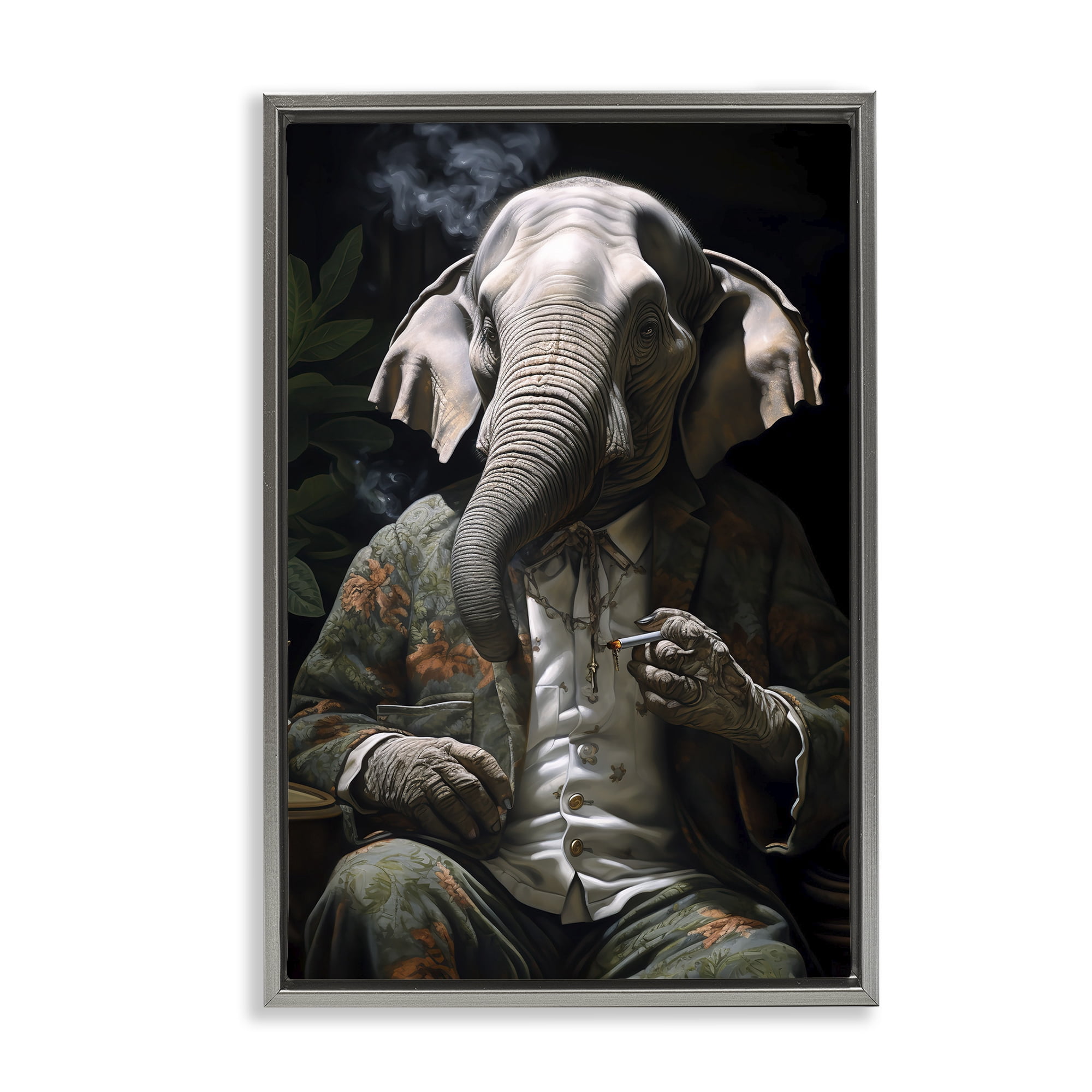 Stupell Industries Elephant Smoking Cigarette Novelty Painting Gray Floater Framed Canvas Art Print Wall Art, 21 x 31