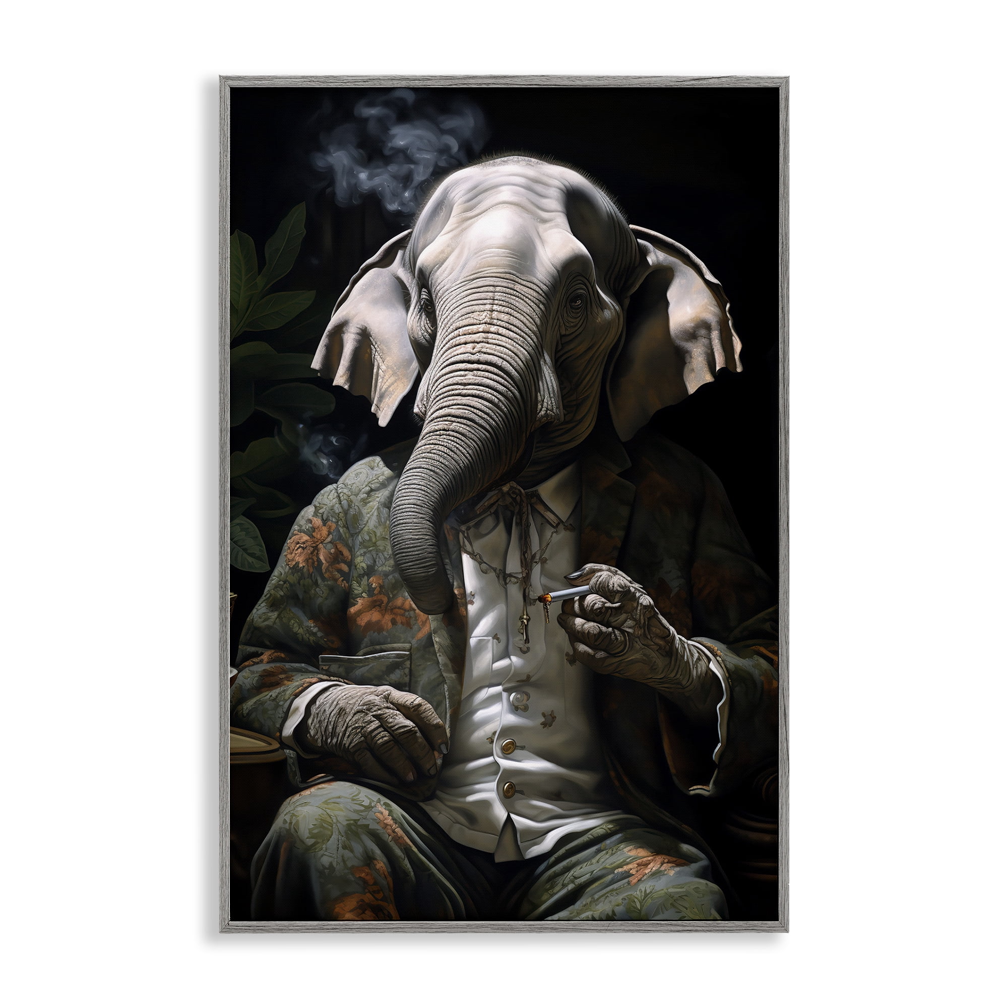 Stupell Industries Elephant Smoking Cigarette Novelty Painting Gray Framed Art Print Wall Art, 12 x 18