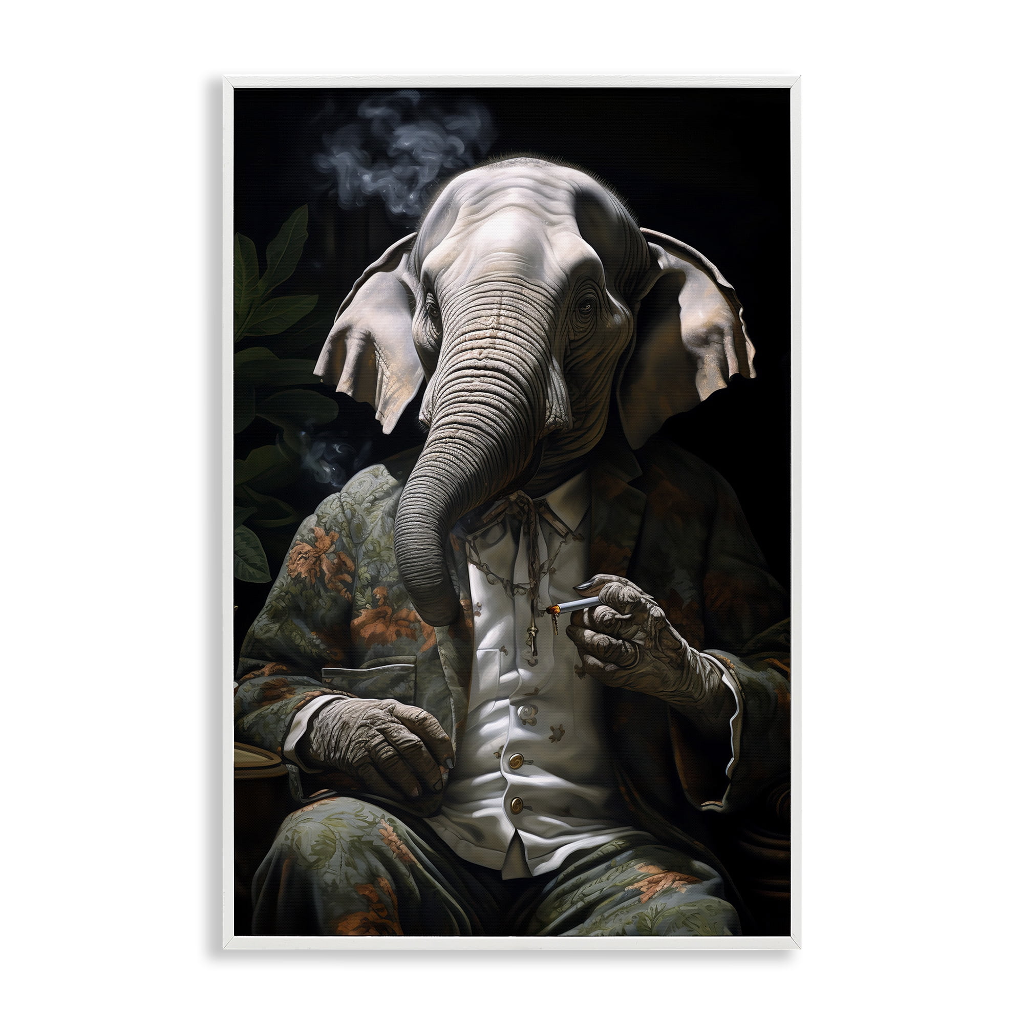 Stupell Industries Elephant Smoking Cigarette Novelty Painting White Framed Art Print Wall Art, 12 x 18