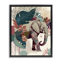 Stupell Industries Elephant & Tropical Leaves Animals & Insects Painting Black Floater Framed Canvas Art Print Wall Art, 17 x 21