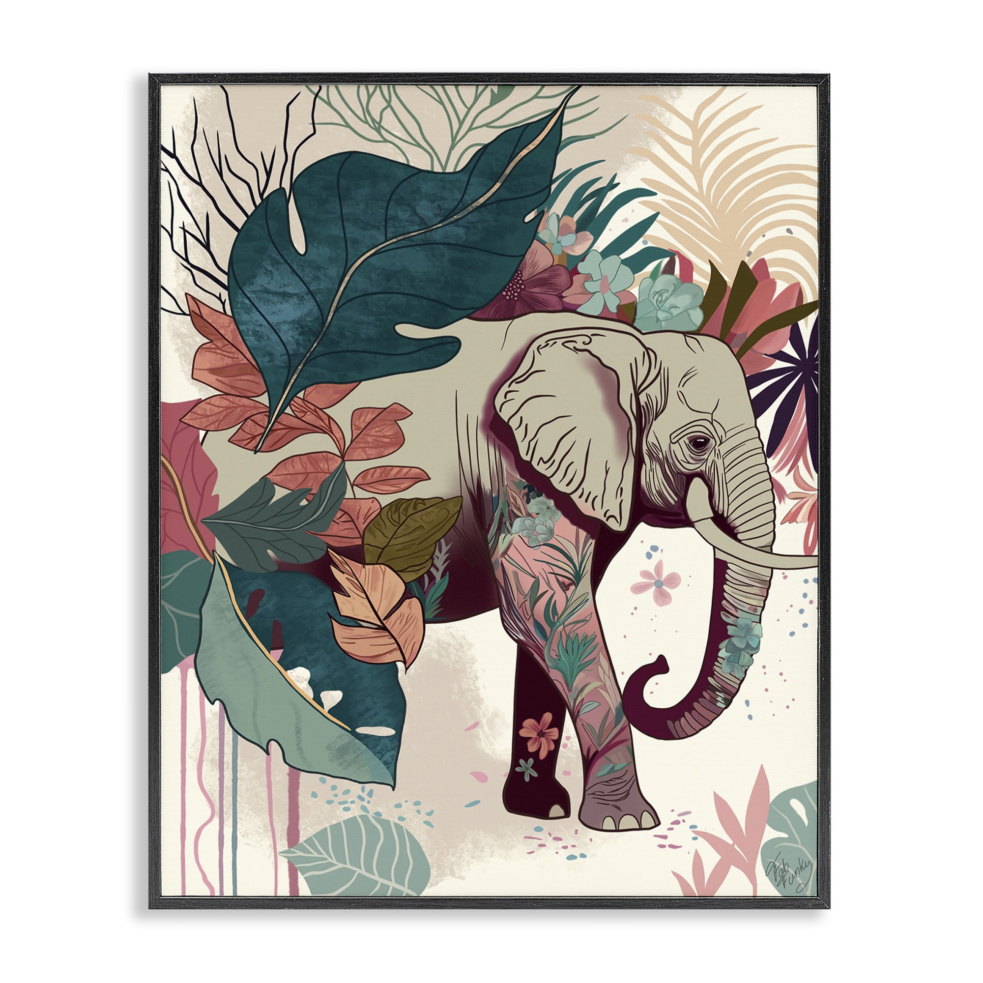 Stupell Industries Elephant & Tropical Leaves Animals & Insects Painting Black Framed Art Print Wall Art, 24 x 30