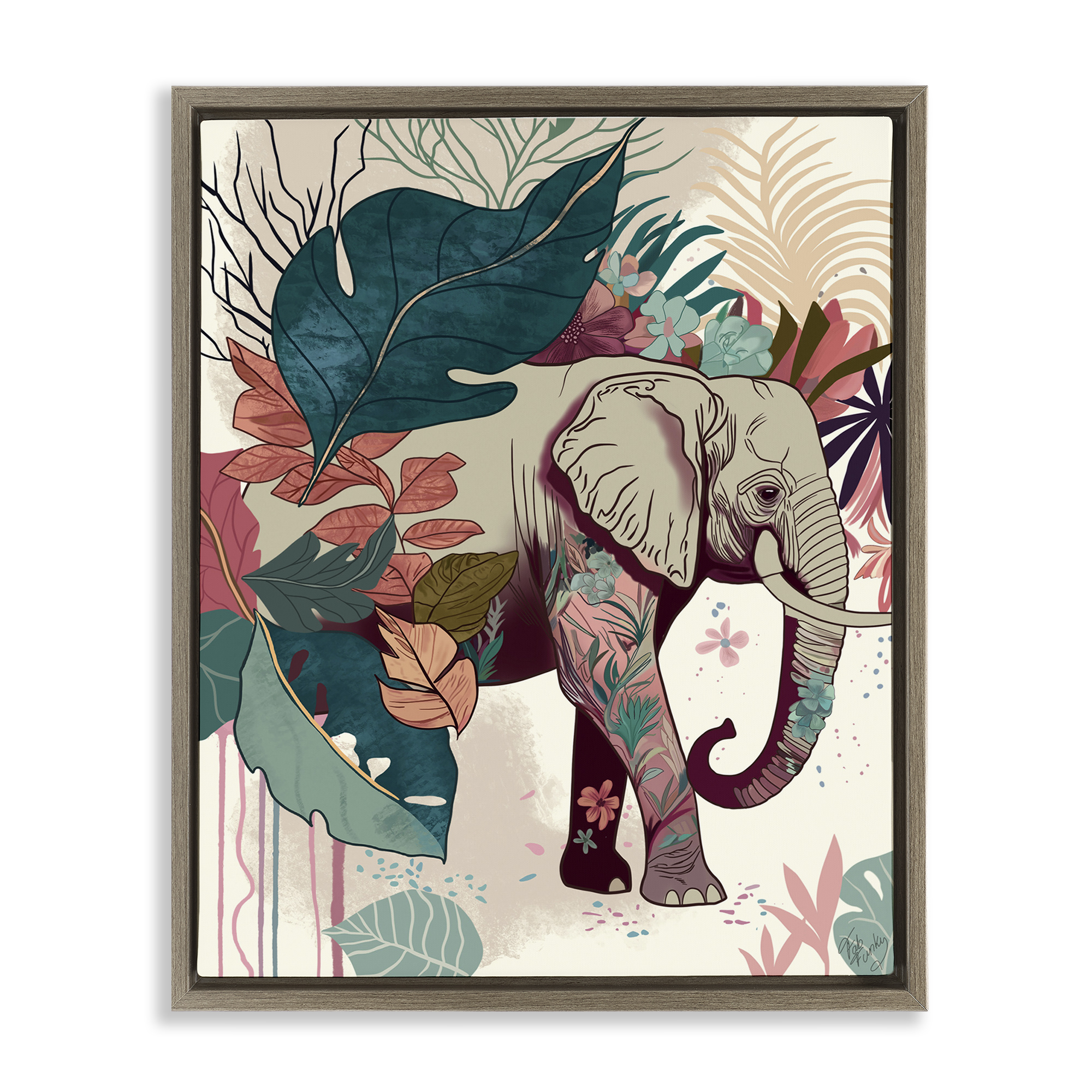 Stupell Industries Elephant & Tropical Leaves Animals & Insects Painting Brown Floater Framed Canvas Art Print Wall Art, 25 x 31