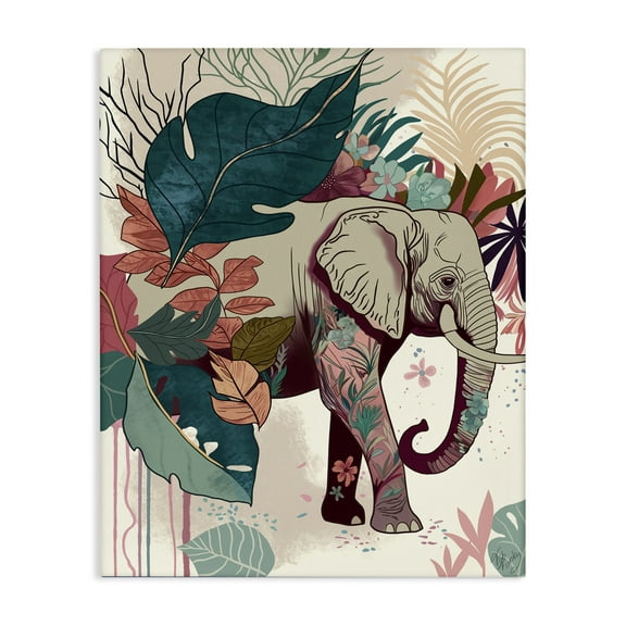 Stupell Industries Elephant & Tropical Leaves Animals & Insects Painting Gallery Wrapped Canvas Art Print Wall Art, 16 x 20